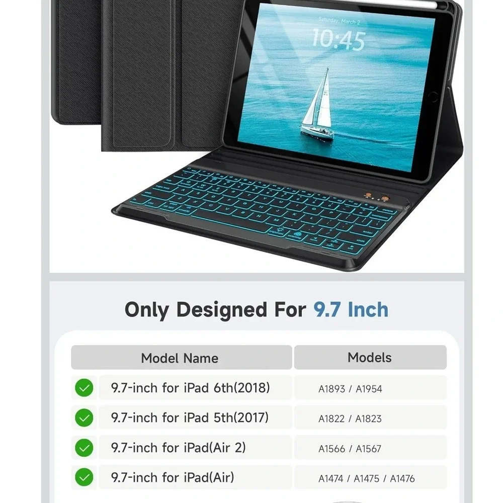 Senyoson Keyboard Case iPad 9.7 Black Backlit Wireless Folio  097 NWT